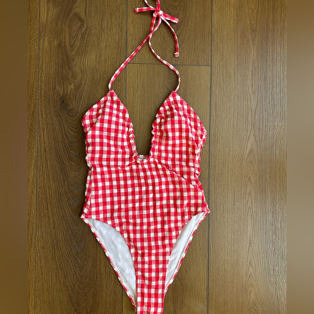 Red Gingham One Piece high rise swimsuit